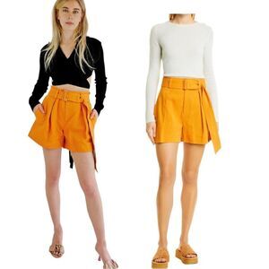 VINCE Belted Cotton Linen Twill Shorts Orange BNWT
